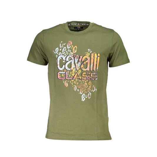 Cavalli Class Green Cotton T-Shirt with short sleeves, round neck, and logo print design