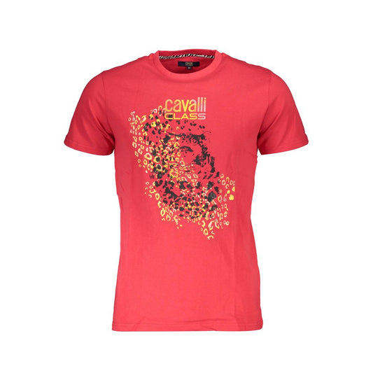Cavalli Class Red Cotton Men T-Shirt with vibrant print and iconic logo, short-sleeve crew neck design, luxurious and stylish fashion wear.