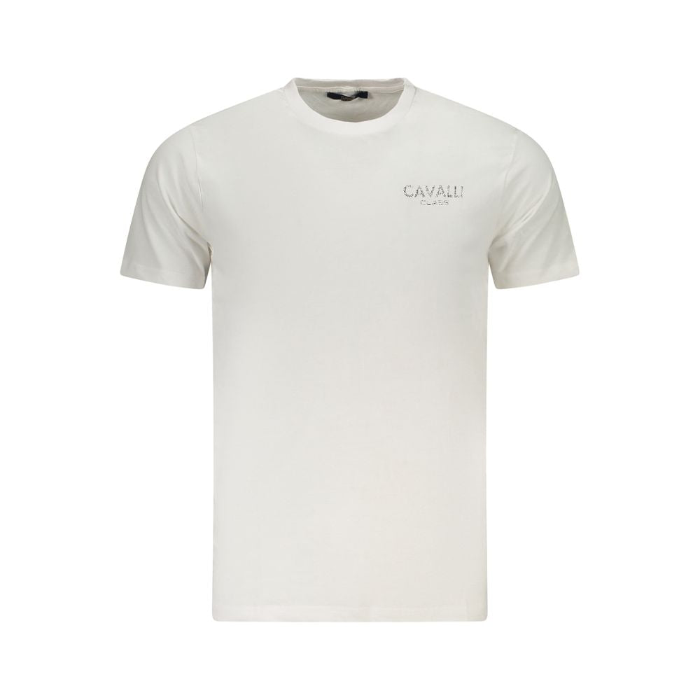 Cavalli Class White Cotton Men's T-Shirt with logo and bold print, short sleeve, crew neck, high-fashion style for distinguished taste.