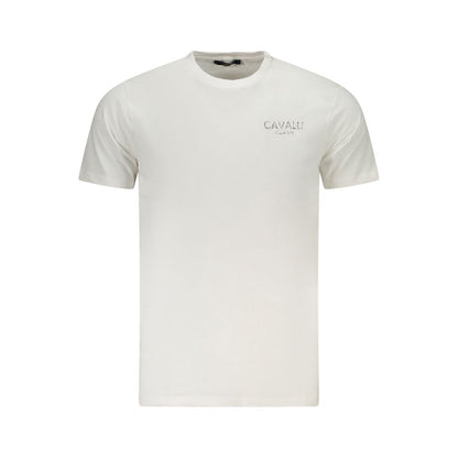 Cavalli Class White Cotton Men's T-Shirt with logo and bold print, short sleeve, crew neck, high-fashion style for distinguished taste.