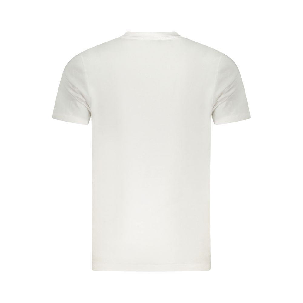 Back view of Cavalli Class White Cotton Men's T-Shirt in short sleeves with crew neck, highlighting bold print and iconic logo style.
