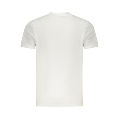 Back view of Cavalli Class White Cotton Men's T-Shirt in short sleeves with crew neck, highlighting bold print and iconic logo style.