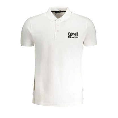 Cavalli Class White Cotton Polo Shirt with short sleeves, buttons, and logo print.