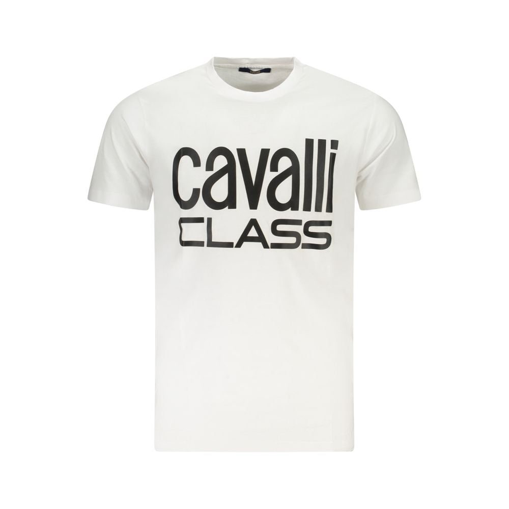 Cavalli Class White Cotton T-Shirt with short sleeves, crew neck, and logo print. Stylish and comfortable for casual wear.