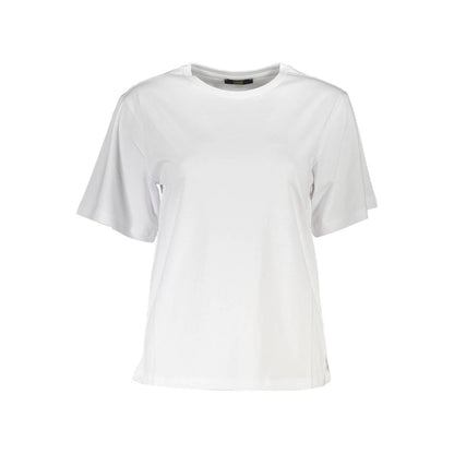 Cavalli Class White Cotton Women T-Shirt with logo design, slim fit, short sleeves.