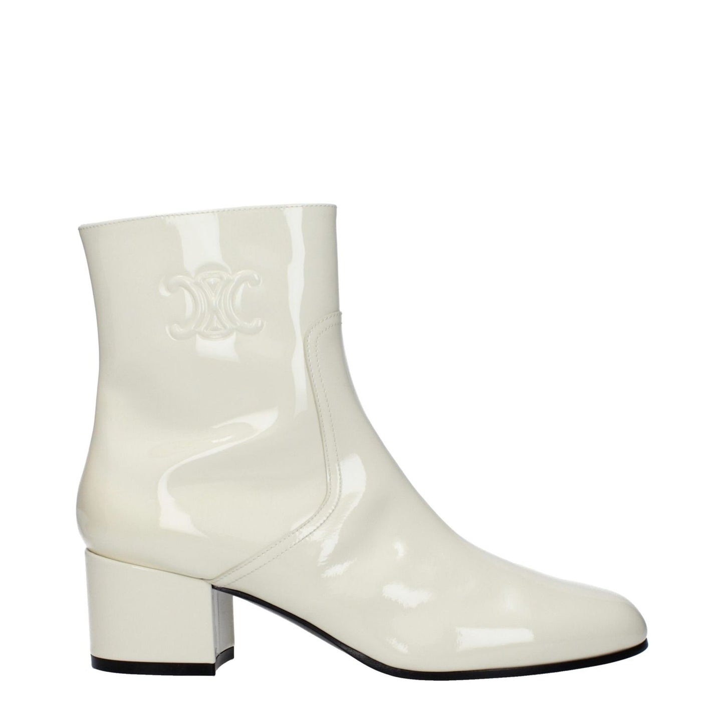 Celine Beige Leather Ankle Boots with side logo, zip closure, 5cm mid heel, round toe in patent leather, MPN 360484582C00WC.