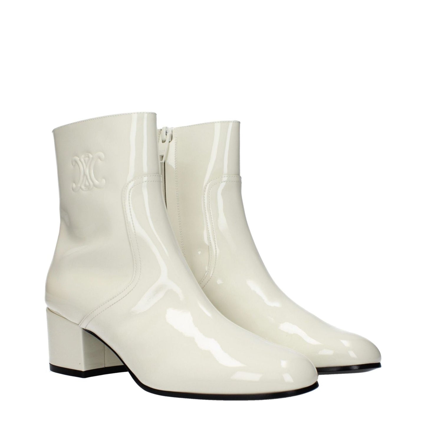 Celine Beige Leather Ankle Boots with side logo, zip closure, and round toe mid heels, featuring a leather sole and 5 cm heel height.