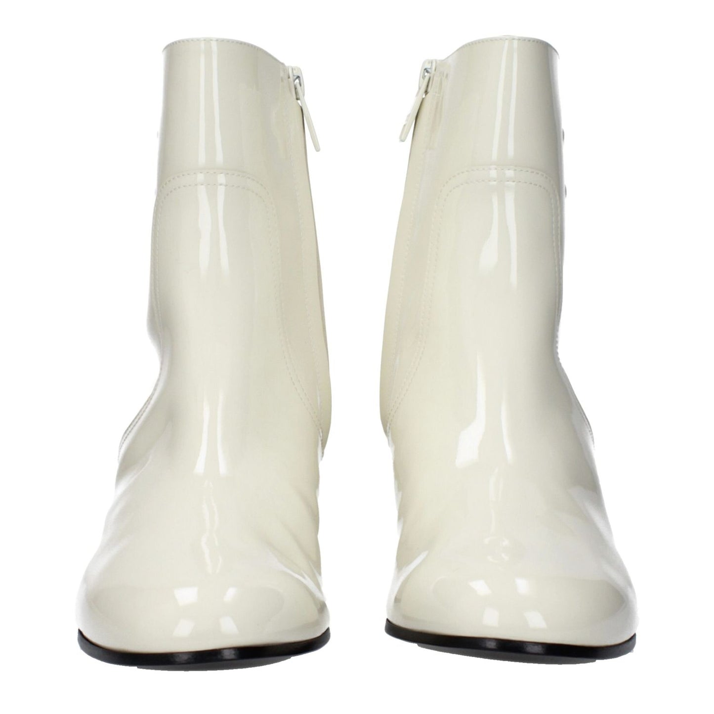 Celine Beige Leather Ankle Boots with side logo and zip closure, mid heels, round toe, patent leather finish.