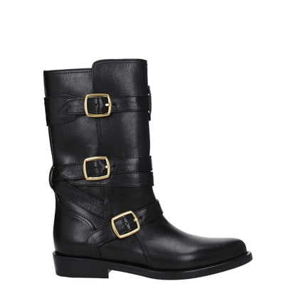 Celine Black Leather Flat Boots with gold buckles, pointy toe, and low heel, featuring aged and vintage effects, casual style.