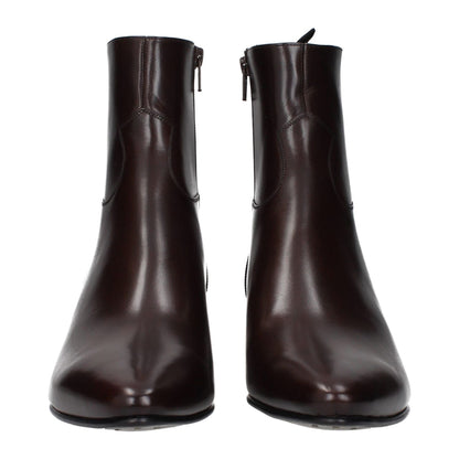 Celine Red Leather Ankle Boots, front view showing vintage effect and zipper detail, stylish design for women.