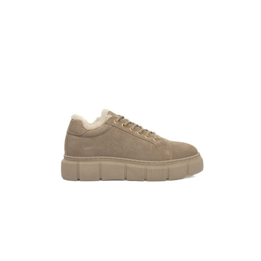 Cerruti 1881 Beige Calfskin Women Platform Sneaker with gold eyelets and plush lining, side view.