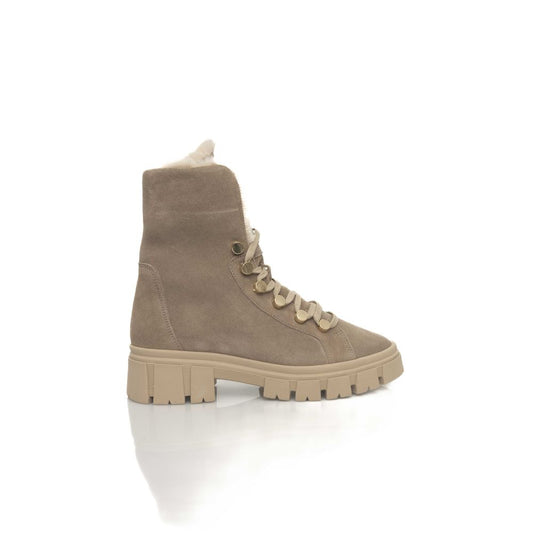 Cerruti 1881 Beige Cowhide Women Boot with lace-up design and rubber sole.