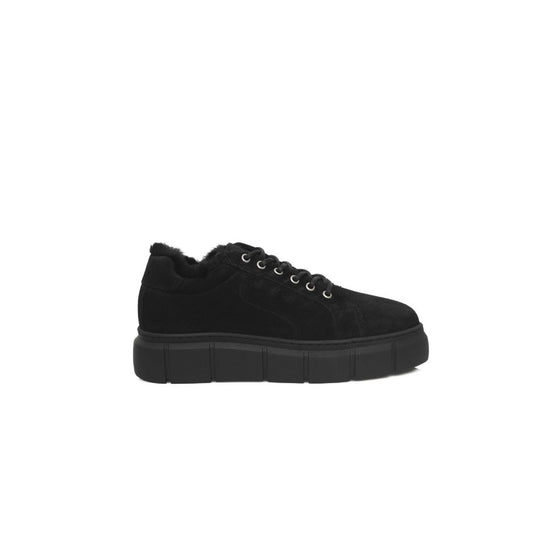 Cerruti 1881 Black Calfskin Women Platform Sneaker side view showcasing sleek design and elevated sole.