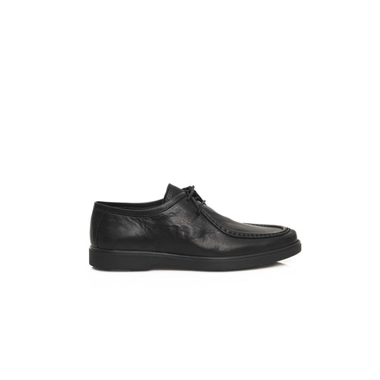 Cerruti 1881 Black Leather Men Derby Shoe featuring a durable cowhide exterior and rubber outsole, perfect for modern elegance and style.