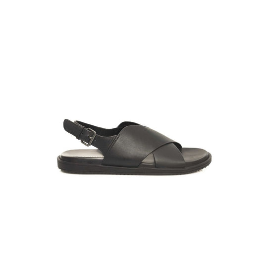 Cerruti 1881 Black Leather Men Sandal with adjustable buckle and rubber sole, showcasing luxury and comfort in a woven design.