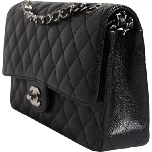 Chanel Black Caviar Medium Classic Double Flap Shoulder Quilted Silver Bag 187