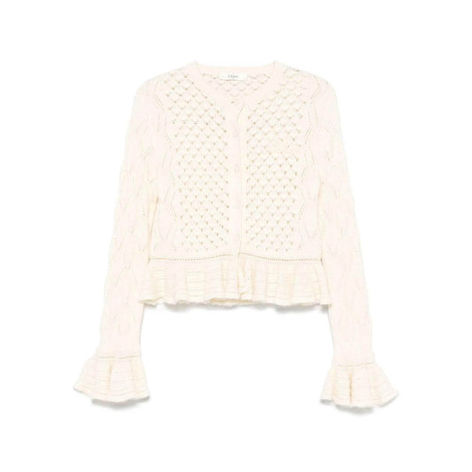 Chloé Chloè Sweaters White - Almond beige wool and silk cardigan with front button fastening, round neck, long sleeves, and peplum hem.