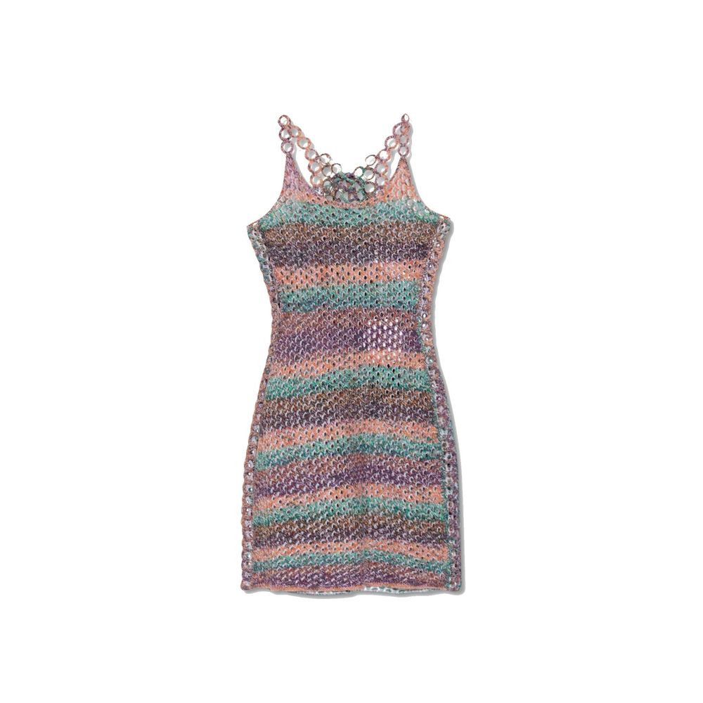 Chloé Crochet Mini Dress, sleeveless with semi-sheer finish, round neck, decorative gold-tone accents, made of 100% wool.