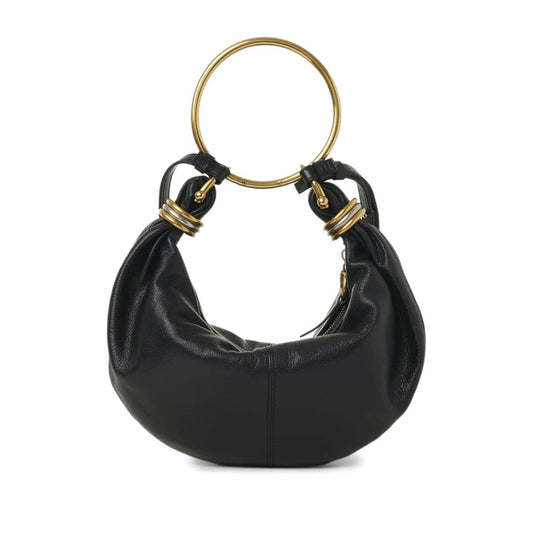 Chloé Small Bracelet Hobo Bag in black calf leather with ring handle, top zip fastening, and detachable shoulder strap with gold-tone hardware.