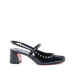 Christian Louboutin Janispikes pumps in dark blue patent leather with studded embellishment and block heel