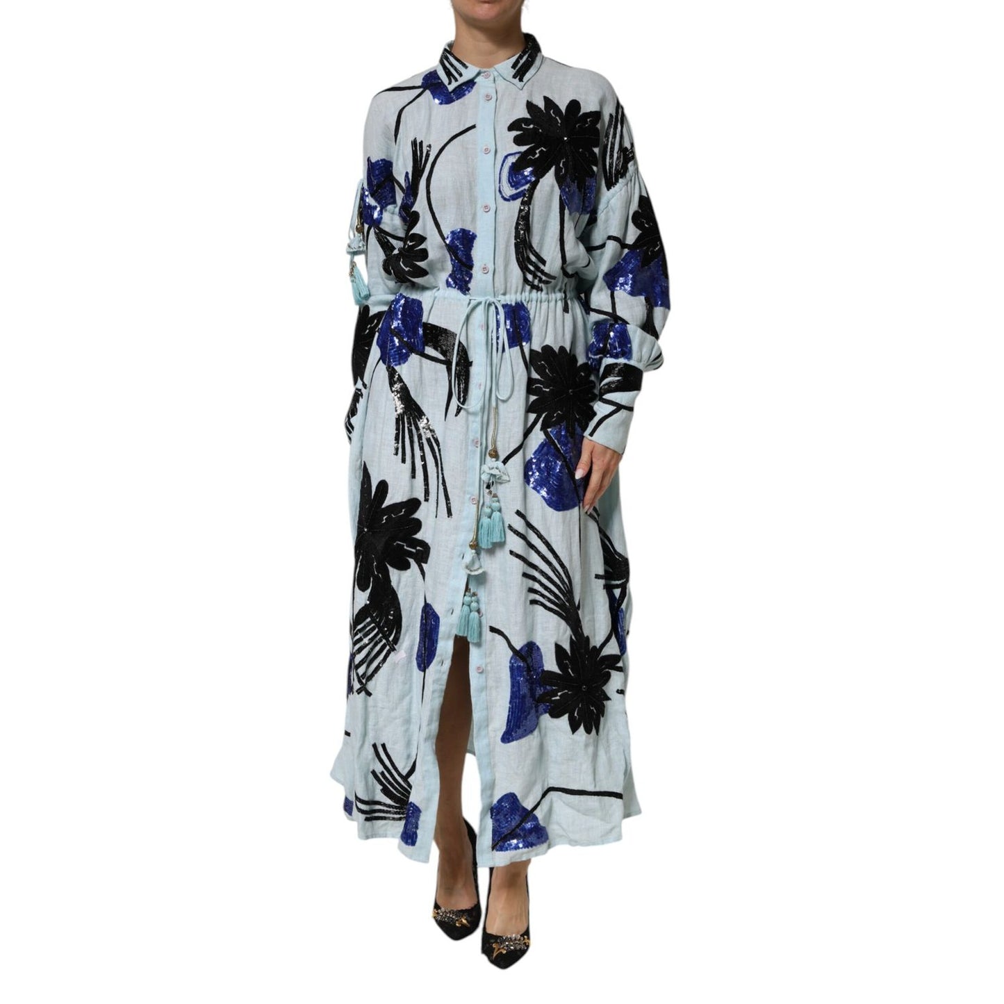 Christian Pellizzari Blue Sequin Embellished Shirt Maxi Dress with floral motifs, button-down front, and tassel drawstring waist.