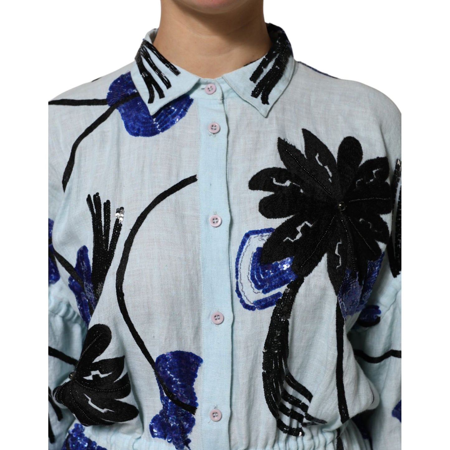 Close-up of Christian Pellizzari Blue Sequin Embellished Shirt Maxi Dress with floral motifs and button-down front.