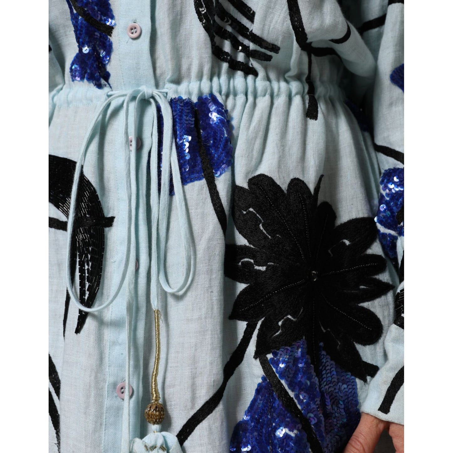 Christian Pellizzari Blue Sequin Embellished Shirt Maxi Dress with floral motifs and drawstring waist.