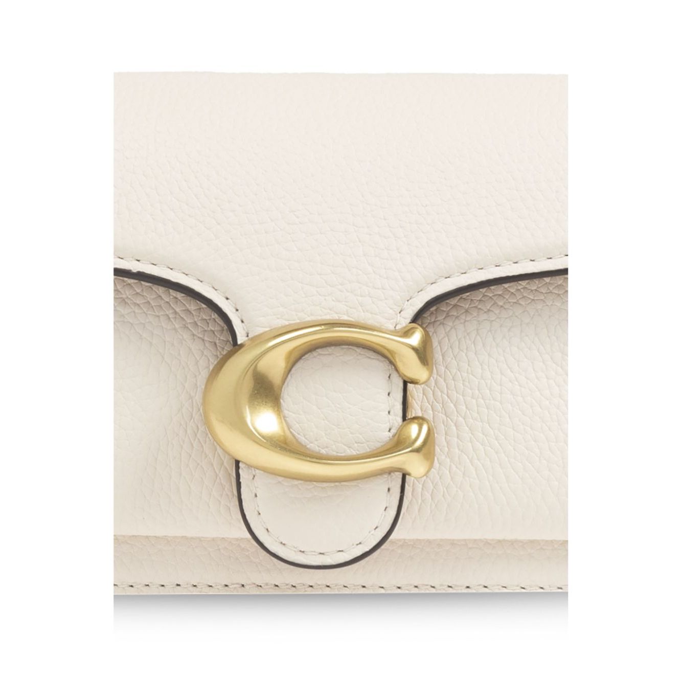 Close-up of Coach Tabby 20 leather crossbody bag with gold C logo and textured leather finish