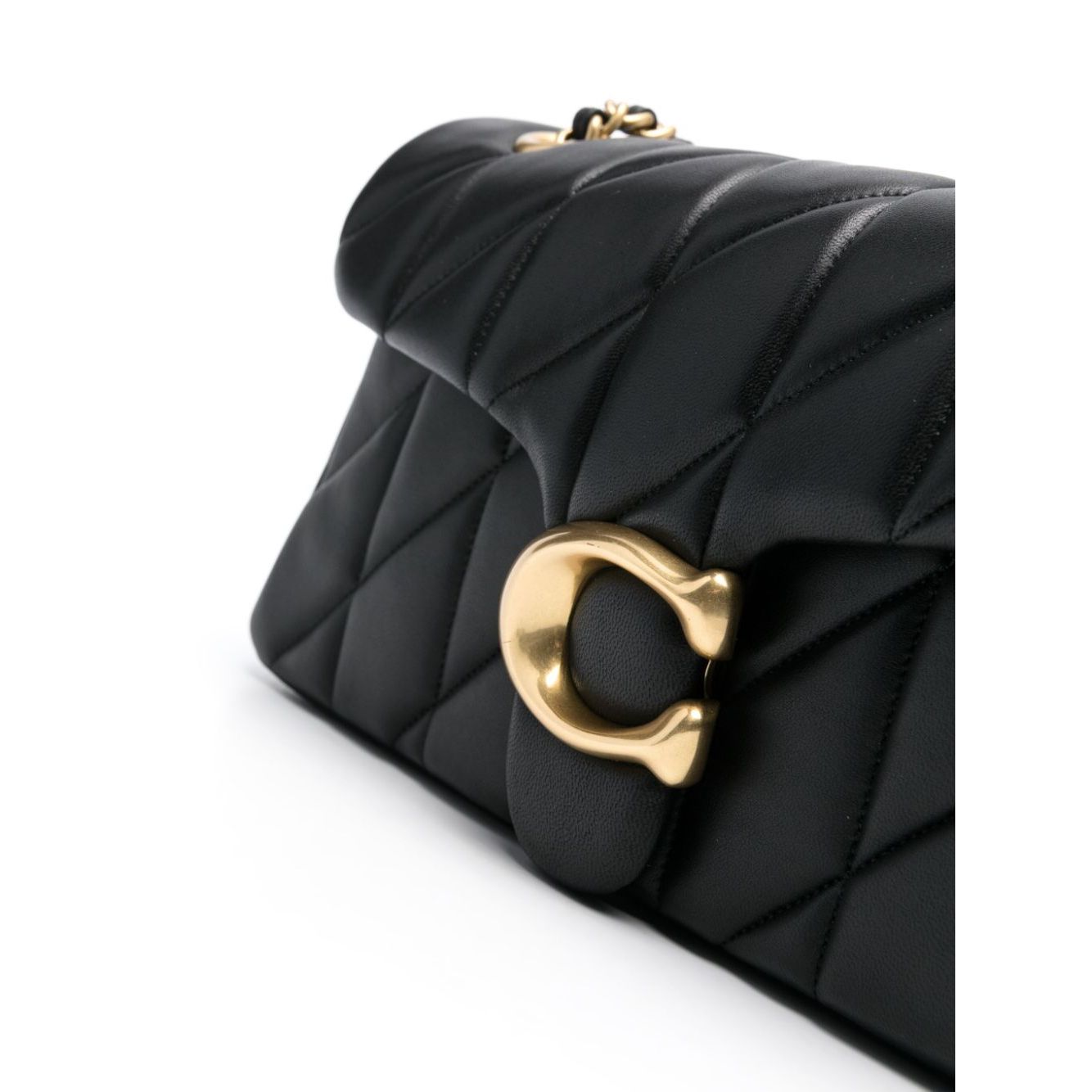 Coach Tabby shoulder bag in black quilted leather with gold-tone logo plaque, featuring a push-lock fastening and chain-link strap.