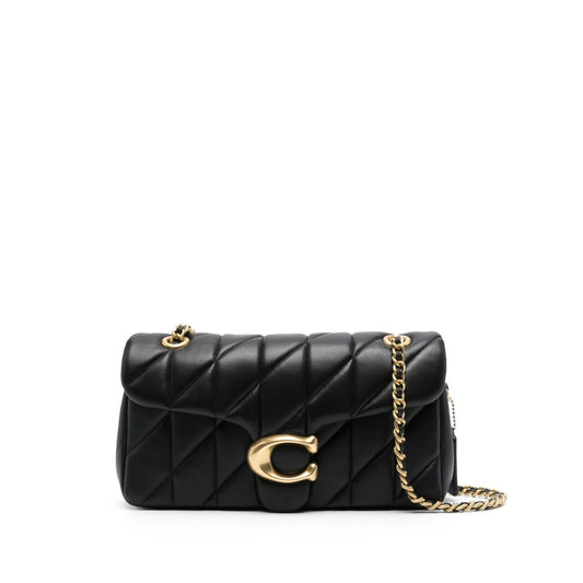 Black quilted Coach Tabby shoulder bag with gold-tone logo and chain strap.