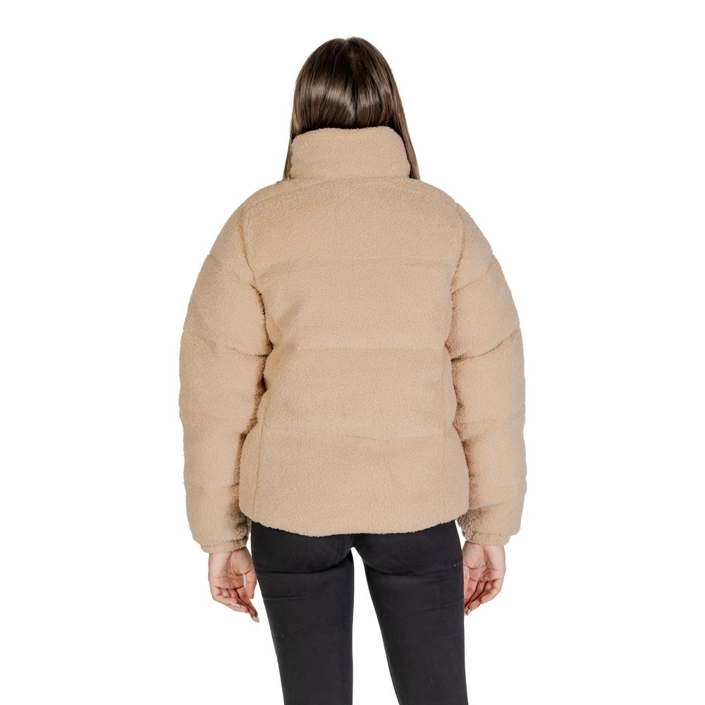 Columbia Beige Nylon Coat - back view showcasing puff design and warm Sherpa lining, ideal for cold days and versatile for city or hiking.