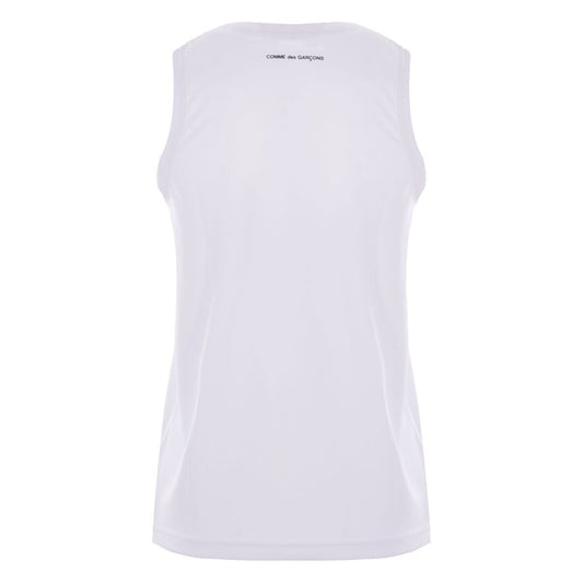 Back view of Comme des Garcons Top White scoop neck sleeveless tank with rear logo print.