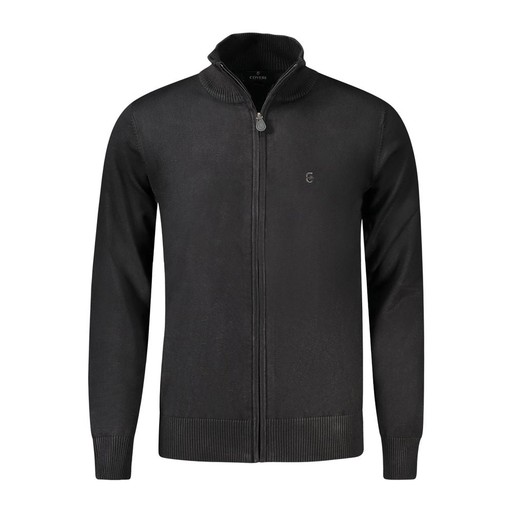 Coveri Moving Black Nylon Sweater with long sleeves, zip, and logo embroidery.