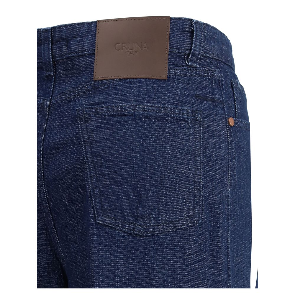 Close-up of Cruna Blue Cotton Relaxed Fit Jeans highlighting wide leg and pocket details, made of 100% cotton for a casual look.