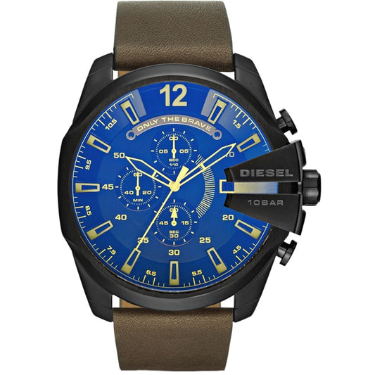 DIESEL Mod. DZ4401 Gent's wristwatch with black SS IP case, leather strap, blue dial, quartz movement, 51mm, 10 ATM water resistance.