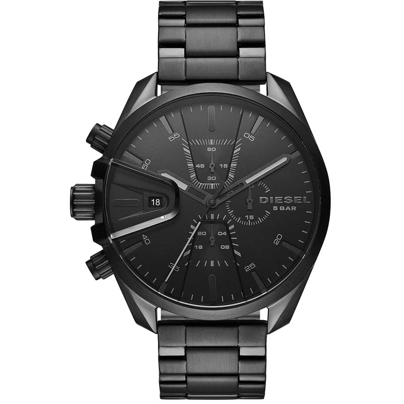 DIESEL Mod. DZ4537 black stainless steel wristwatch with chronograph, quartz movement, and date function. Water resistant 5 ATM.