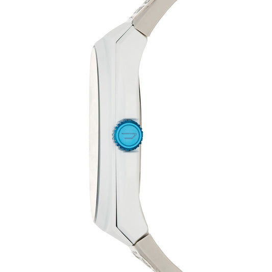 Side view of DIESEL Mod. STIGG wristwatch with stainless steel case, blue accent, and silicone strap.