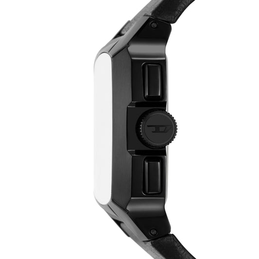 Side view of DIESEL Mod. CLIFFHANGER wristwatch with IP brown stainless steel case and leather strap, showcasing quartz movement.