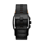 Back view of DIESEL Mod. CLIFFHANGER wristwatch with leather strap, quartz movement, and 5 ATM water resistance. Official packaging included.