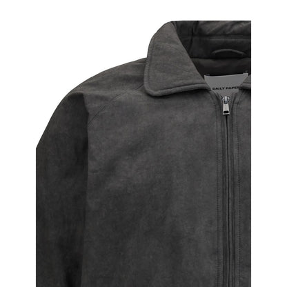 Daily Paper Gray Cotton Bomber with classic collar, front zipper, and quilted padding for SS25 collection, showcasing an elegant and snug fit.