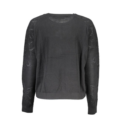 Desigual Black Cotton Sweater with long sleeves, crew neck, contrast details, and logo design, back view