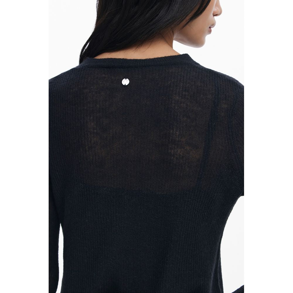 Back view of a Desigual Black Polyester Women Dress highlighting sheer fabric and brand emblem.