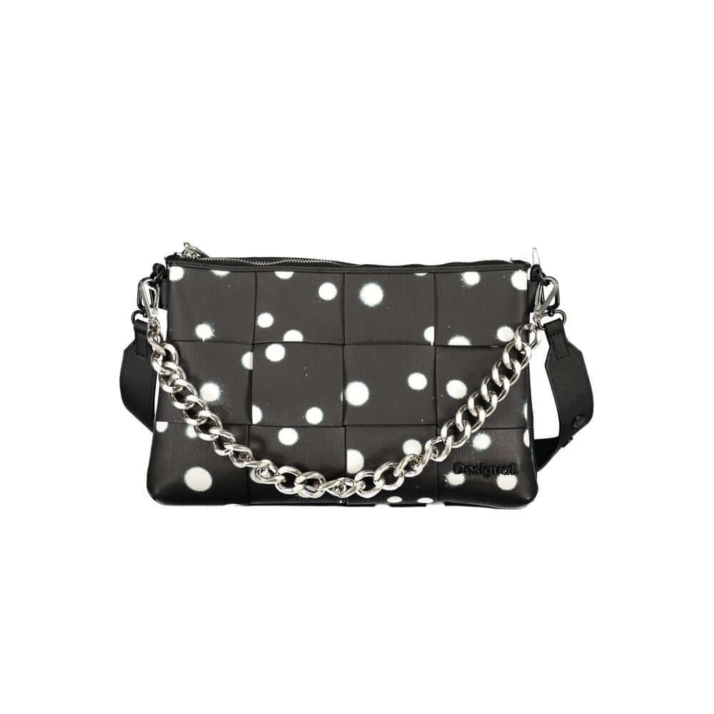 Desigual Black Polyethylene Handbag with polka dot design, removable chain shoulder handle, and logo on front.