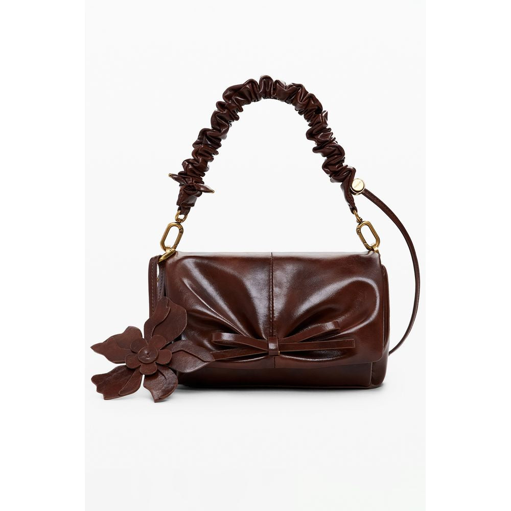 Desigual Brown Polyethylene Women Handbag with decorative flower and adjustable strap.