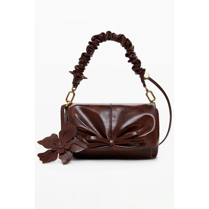 Desigual Brown Polyethylene Women Handbag with decorative flower and adjustable strap.