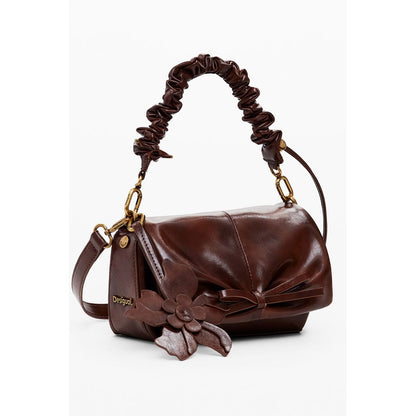 Desigual Brown Polyethylene Women Handbag with floral detail and removable strap, perfect for versatile day and night use.