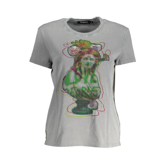 Desigual Gray Cotton Women T-Shirt with artistic print and round neck design