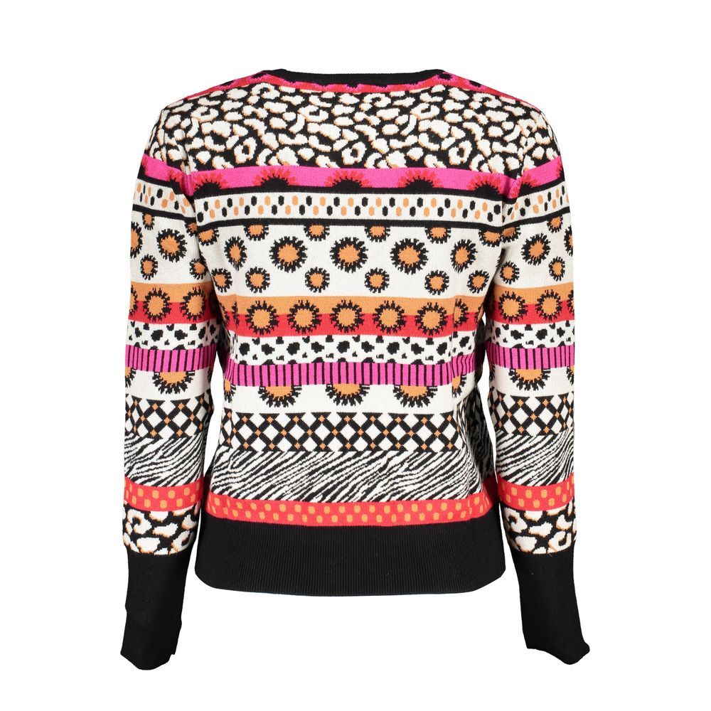 Desigual Pink Polyester Sweater with long sleeves, crew neck, contrast details, and logo pattern. Unique fashion design.