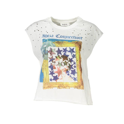 Desigual White Cotton Women Top with Ibiza Connection print and star embellishments.