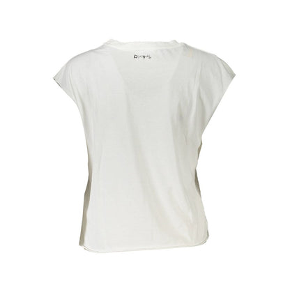 Back view of Desigual White Cotton Women Top showcasing logo detail and sleeveless design.